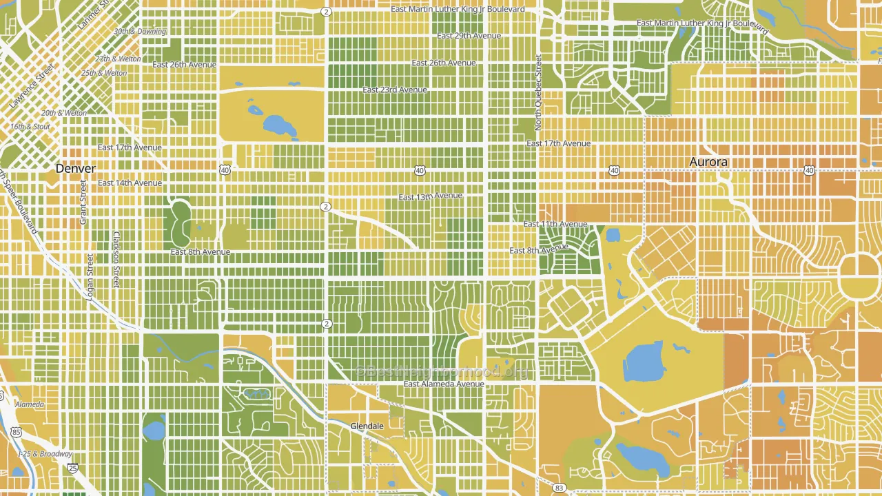 Map of the best neighborhoods in the Central East Denver, Denver area, with better matches in green and worse matches in red