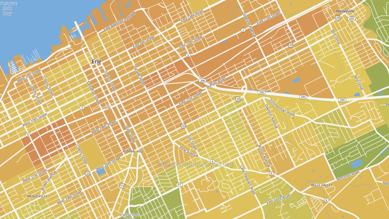 Map of the best neighborhoods in the Central Eastside, Erie area, with better matches in green and worse matches in red