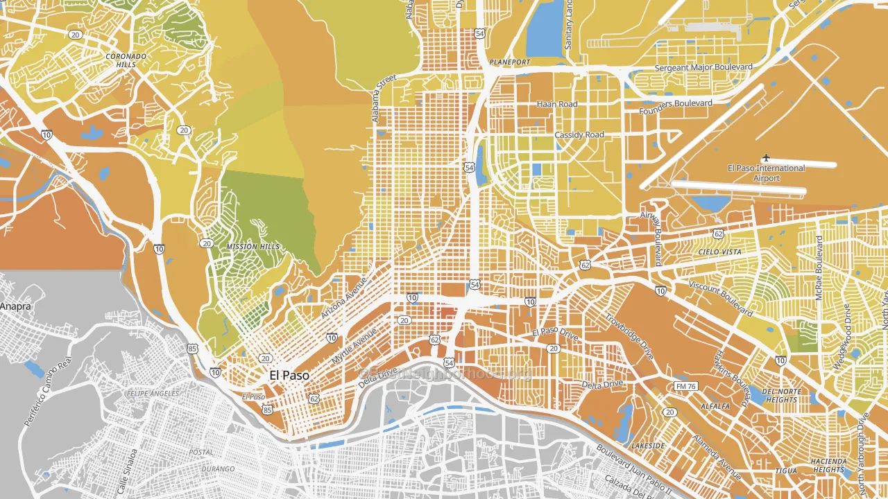 Map of the best neighborhoods in the Central, El Paso area, with better matches in green and worse matches in red