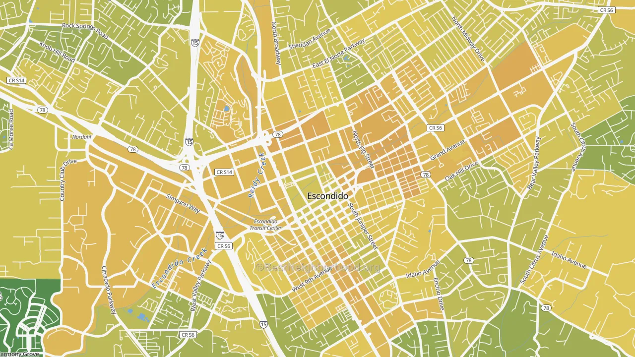 Map of the best neighborhoods in the Central Escondido, Escondido area, with better matches in green and worse matches in red
