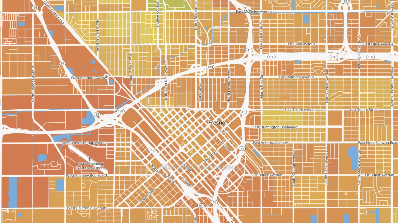 Map of the best neighborhoods in the Central, Fresno area, with better matches in green and worse matches in red