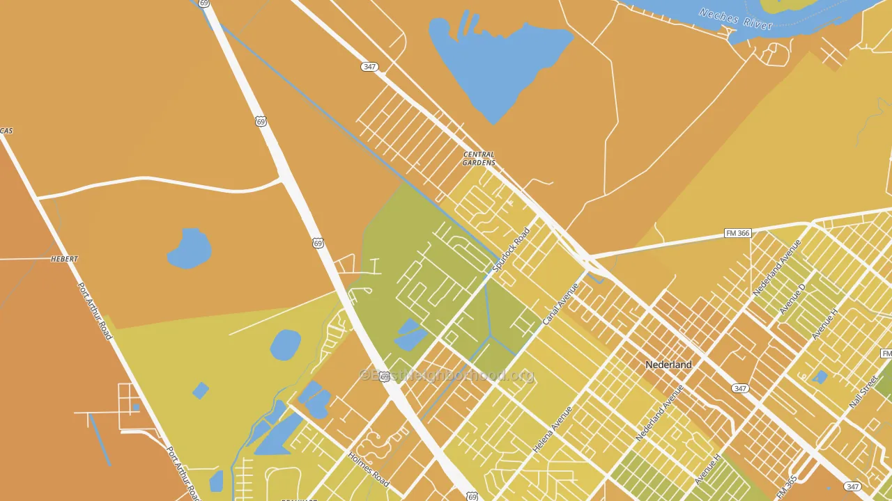 Map of the best neighborhoods in the Central Gardens area, with better matches in green and worse matches in red