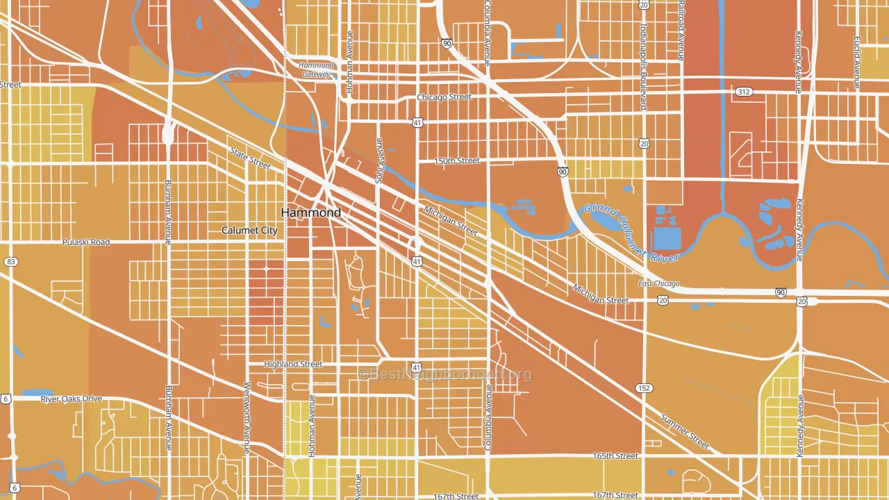 Map of the best neighborhoods in the Central Hammond, Hammond area, with better matches in green and worse matches in red