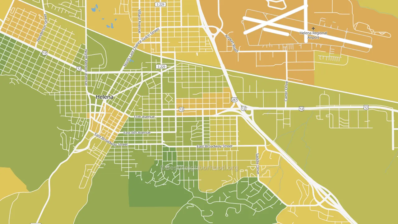 Map of the best neighborhoods in the Central, Helena area, with better matches in green and worse matches in red