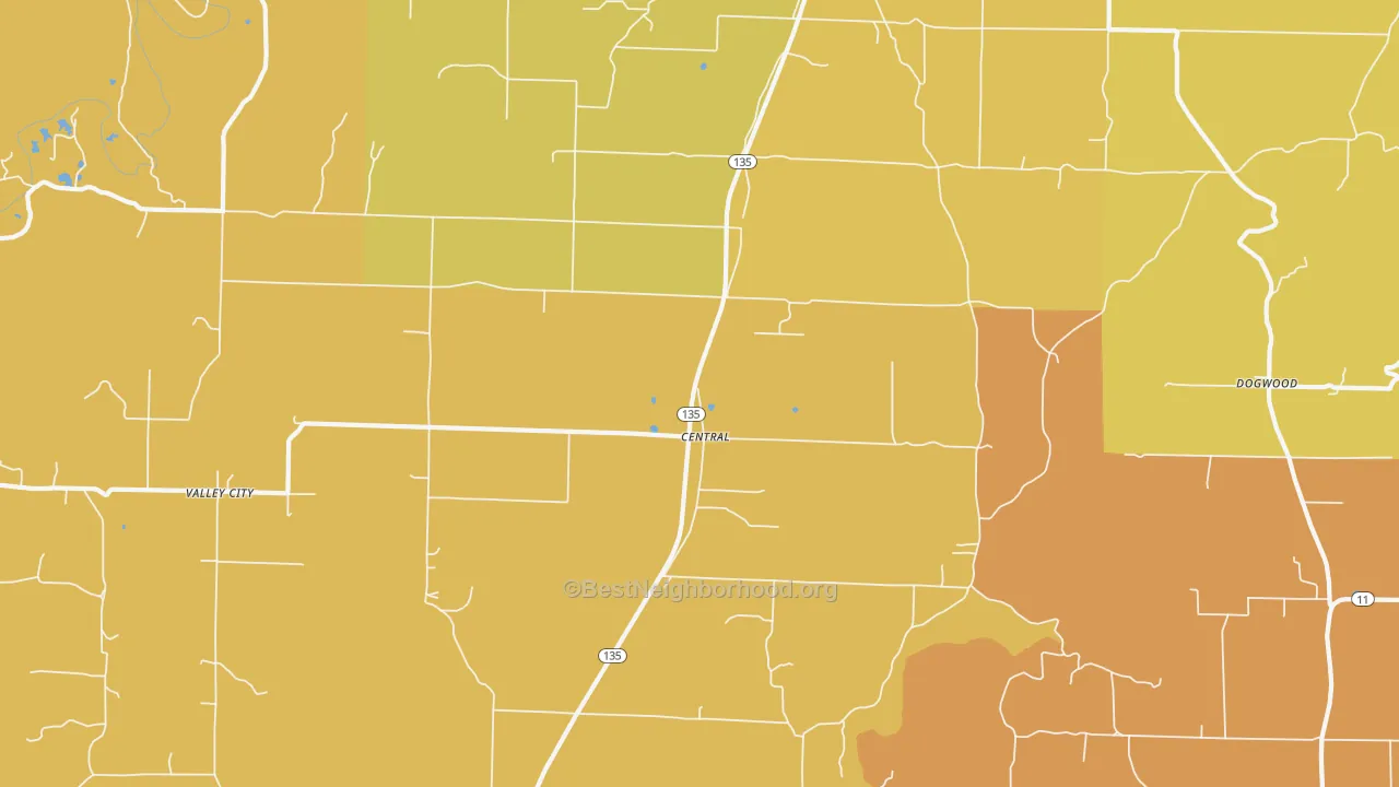 Map of the best neighborhoods in the Central area, with better matches in green and worse matches in red