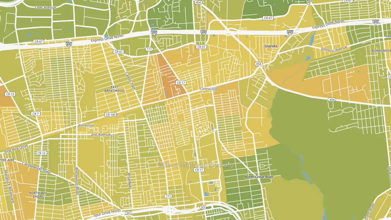 Map of the best neighborhoods in the Central Islip area, with better matches in green and worse matches in red