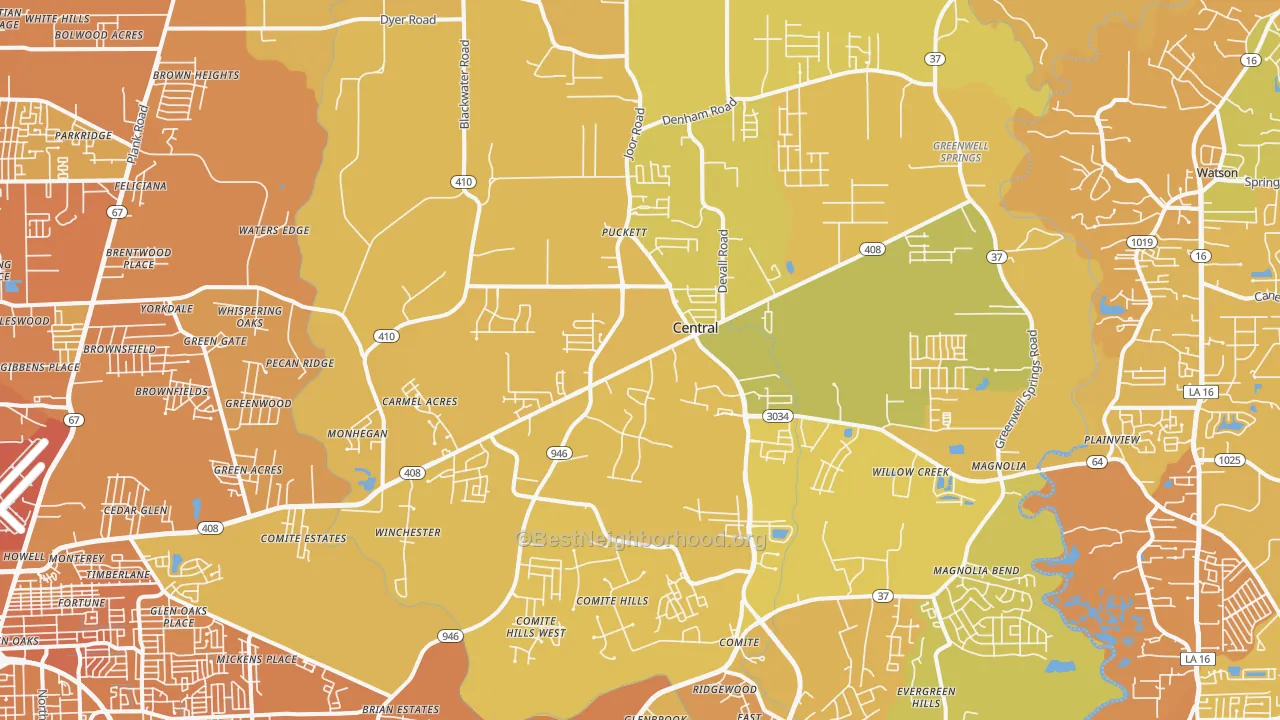 Map of the best neighborhoods in the Central area, with better matches in green and worse matches in red