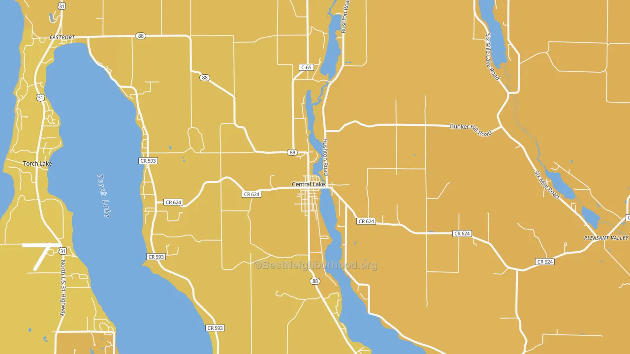 Map of the best neighborhoods in the Central Lake area, with better matches in green and worse matches in red