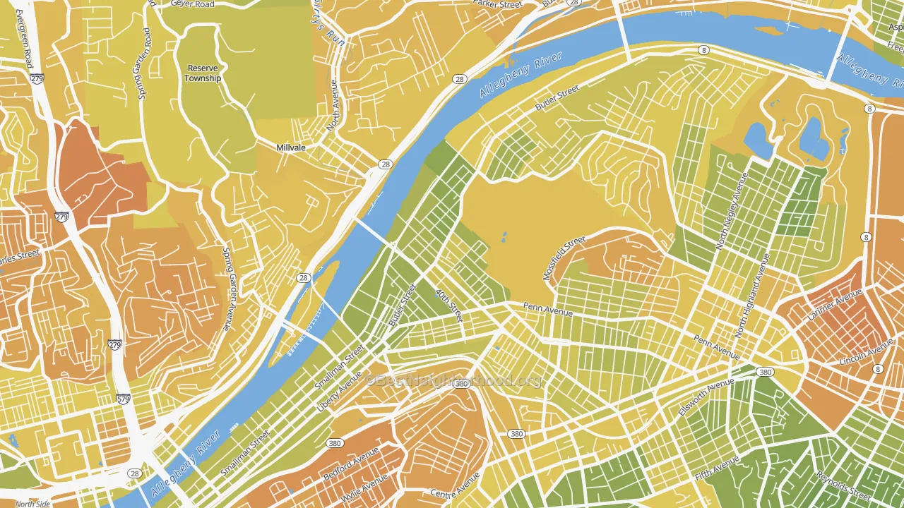 Map of the best neighborhoods in the Central Lawrenceville, Pittsburgh area, with better matches in green and worse matches in red