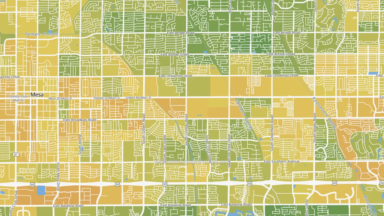 Map of the best neighborhoods in the Central Mesa, Mesa area, with better matches in green and worse matches in red