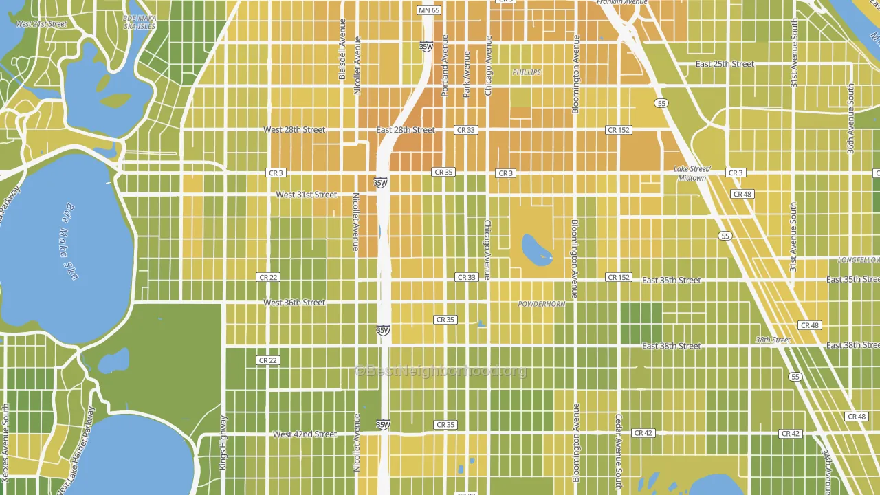 Map of the best neighborhoods in the Central, Minneapolis area, with better matches in green and worse matches in red