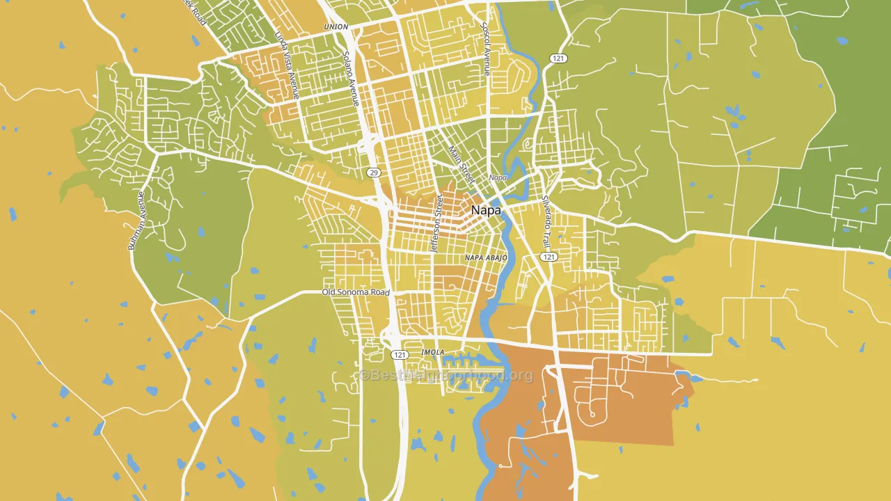 Map of the best neighborhoods in the Central Napa, Napa area, with better matches in green and worse matches in red