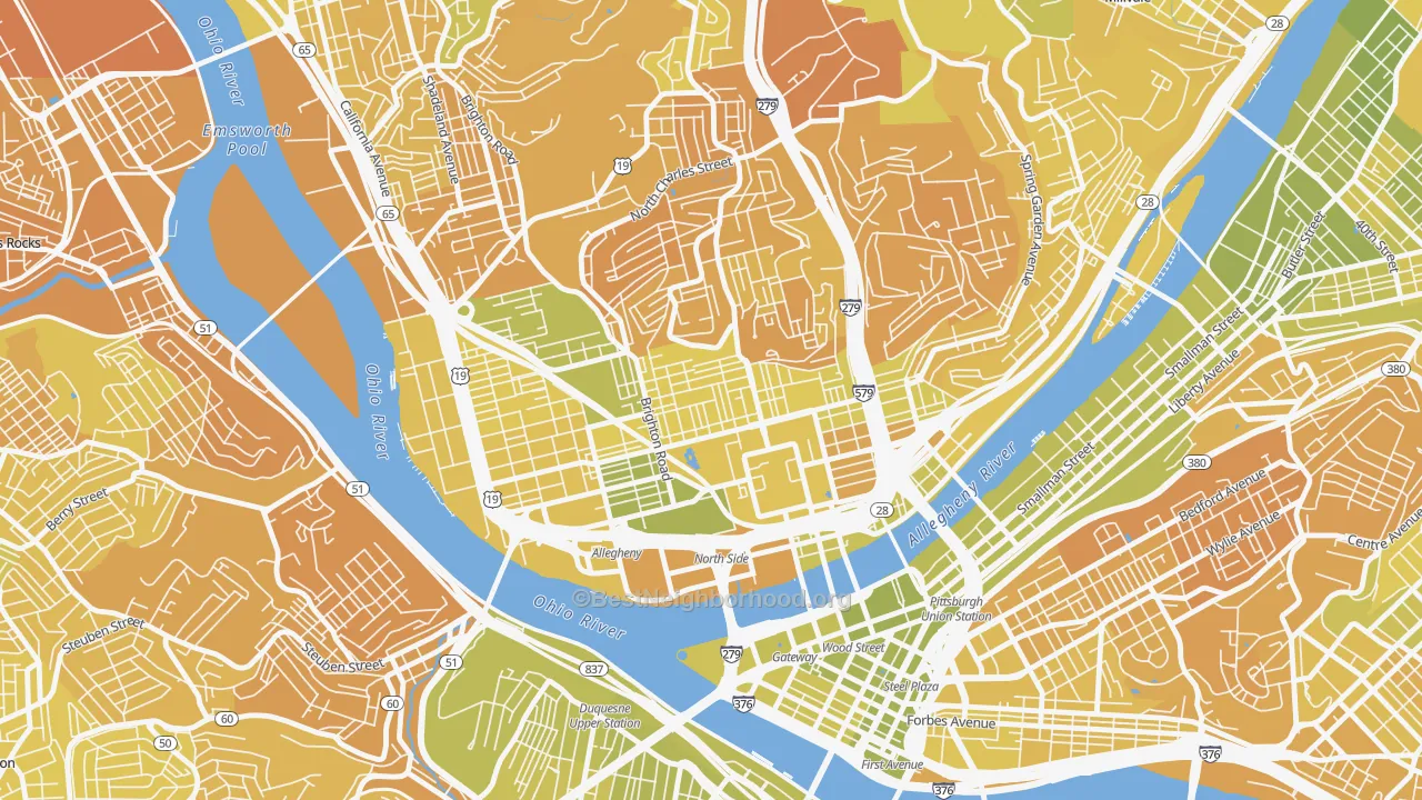 Map of the best neighborhoods in the Central Northside, Pittsburgh area, with better matches in green and worse matches in red