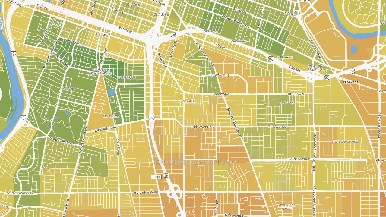 Map of the best neighborhoods in the Central Oak Park, Sacramento area, with better matches in green and worse matches in red