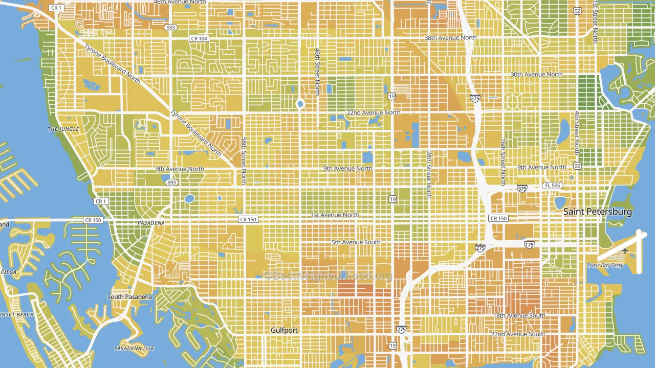 Map of the best neighborhoods in the Central Oak Park, St. Petersburg area, with better matches in green and worse matches in red