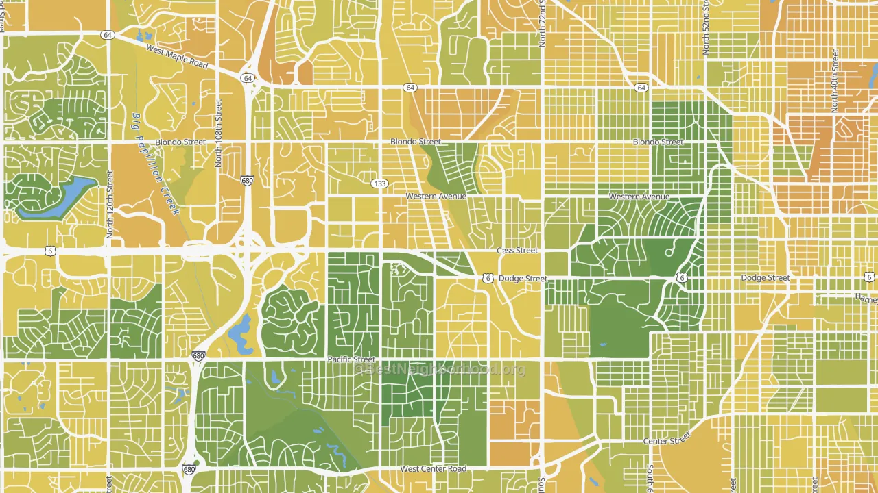 Map of the best neighborhoods in the Central Omaha, Omaha area, with better matches in green and worse matches in red