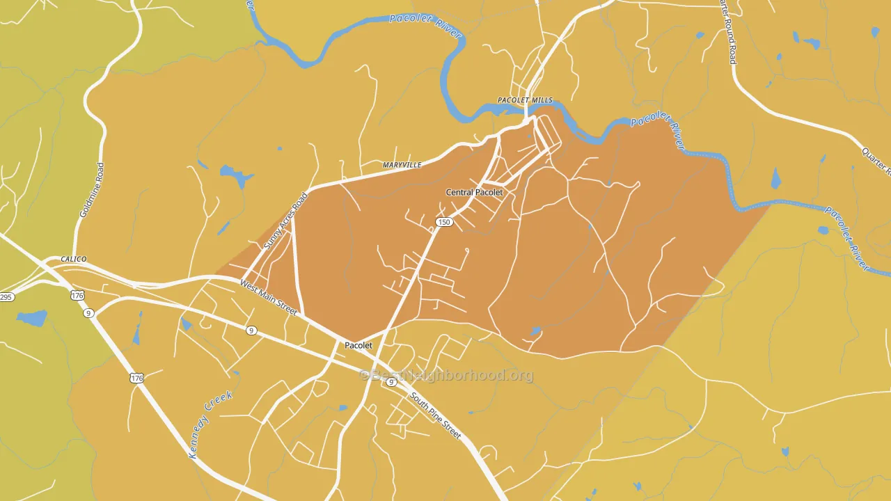 Map of the best neighborhoods in the Central Pacolet area, with better matches in green and worse matches in red