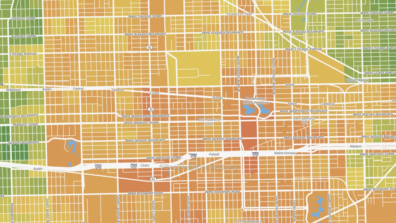 Map of the best neighborhoods in the Central Park, Chicago area, with better matches in green and worse matches in red