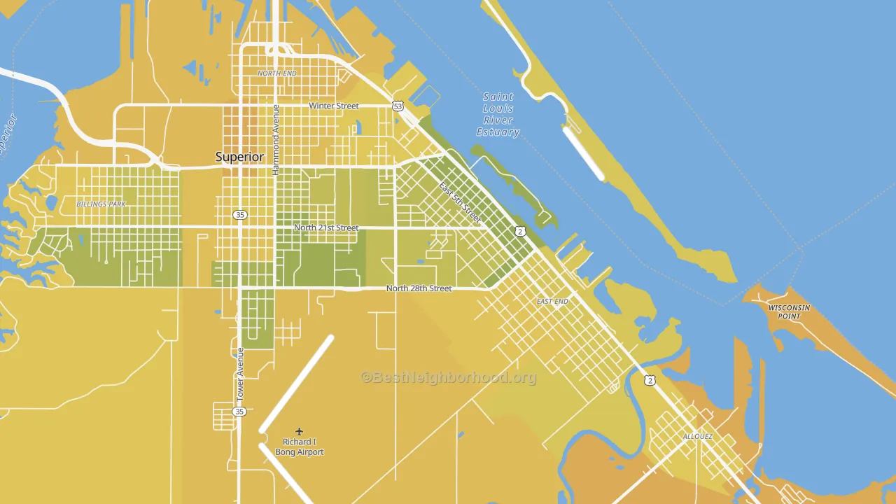 Map of the best neighborhoods in the Central Park, Superior area, with better matches in green and worse matches in red