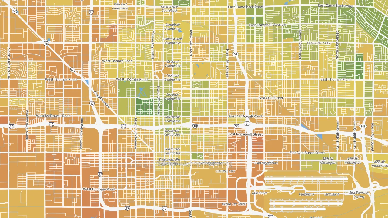 Map of the best neighborhoods in the Central Phoenix, Phoenix area, with better matches in green and worse matches in red