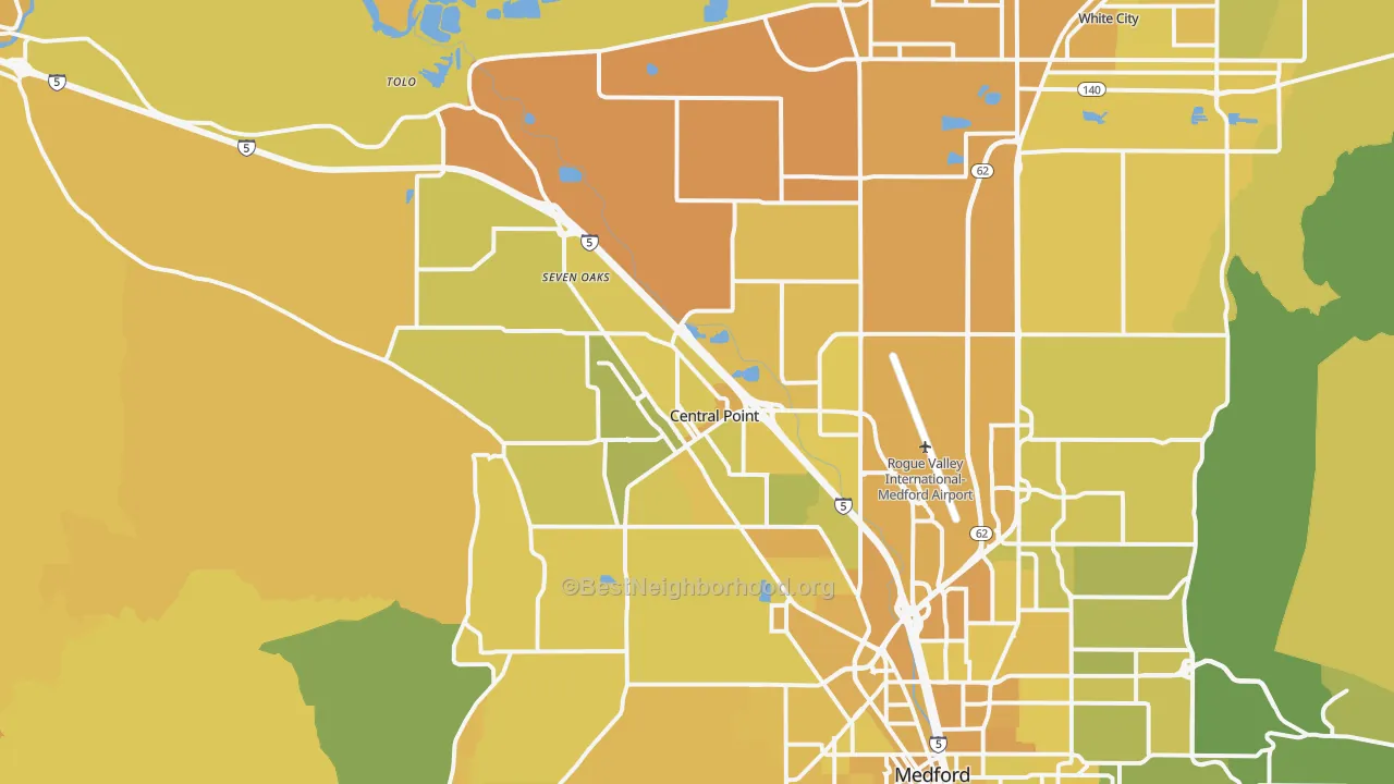 Map of the best neighborhoods in the Central Point area, with better matches in green and worse matches in red