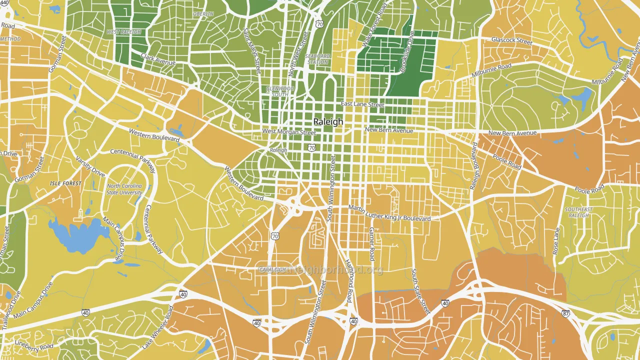Map of the best neighborhoods in the Central, Raleigh area, with better matches in green and worse matches in red