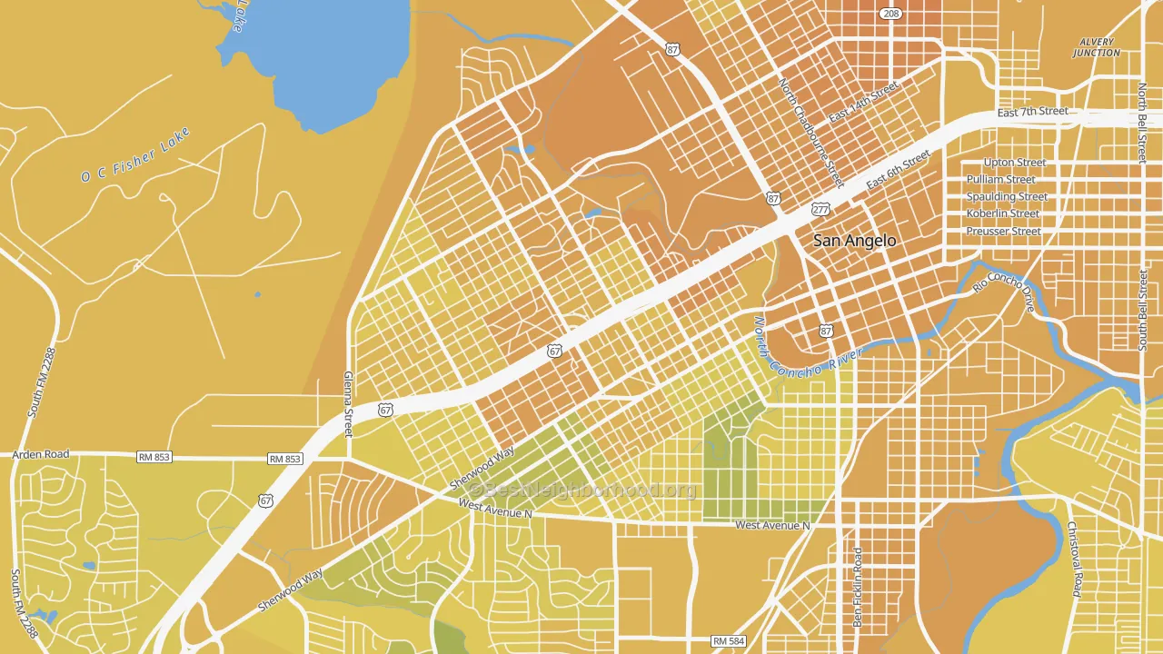 Map of the best neighborhoods in the Central, San Angelo area, with better matches in green and worse matches in red
