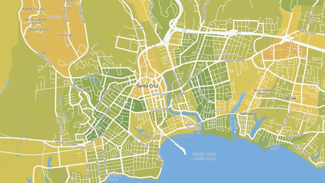 Map of the best neighborhoods in the Central Santa Cruz, Santa Cruz area, with better matches in green and worse matches in red