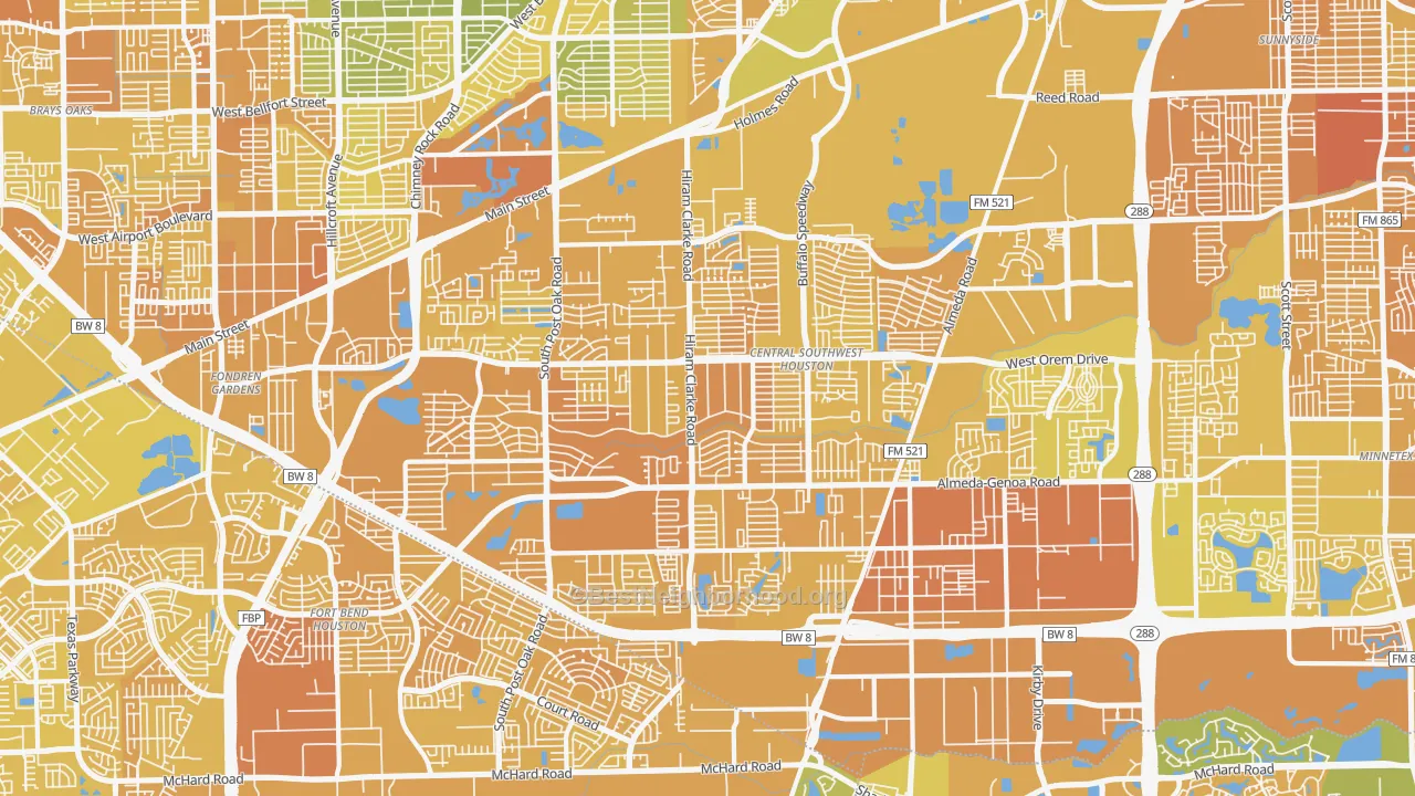 Map of the best neighborhoods in the Central Southwest, Houston area, with better matches in green and worse matches in red
