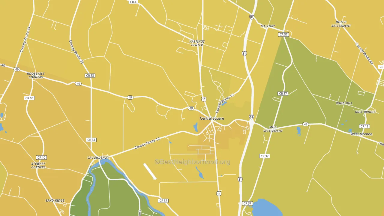 Map of the best neighborhoods in the Central Square area, with better matches in green and worse matches in red
