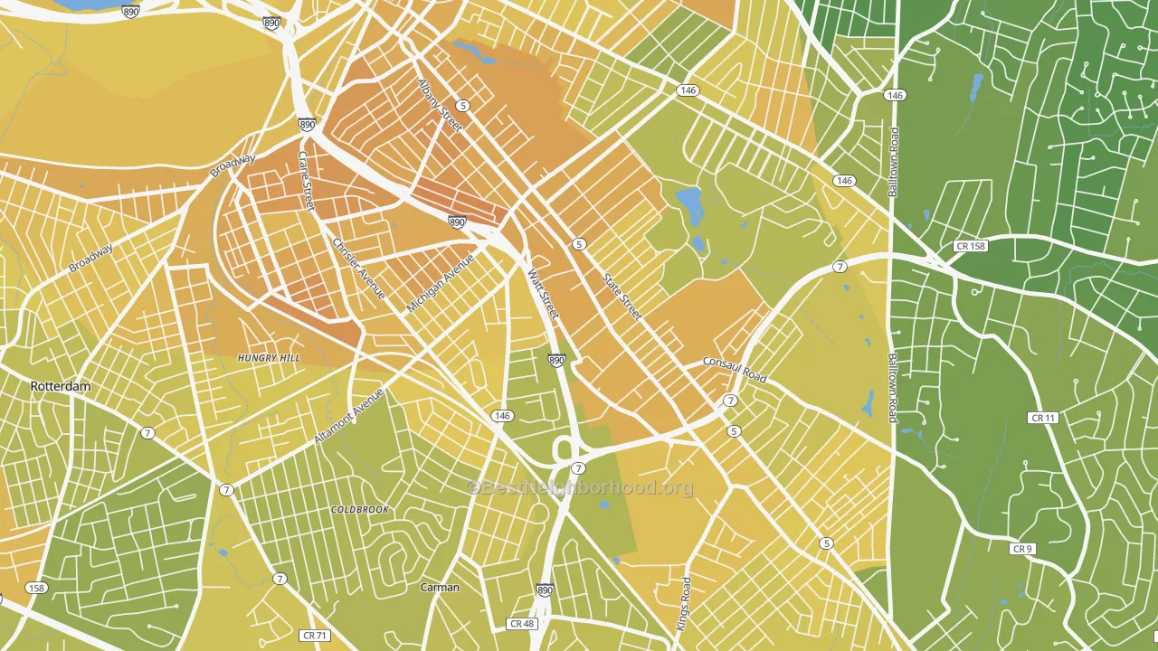 Map of the best neighborhoods in the Central State, Schenectady area, with better matches in green and worse matches in red