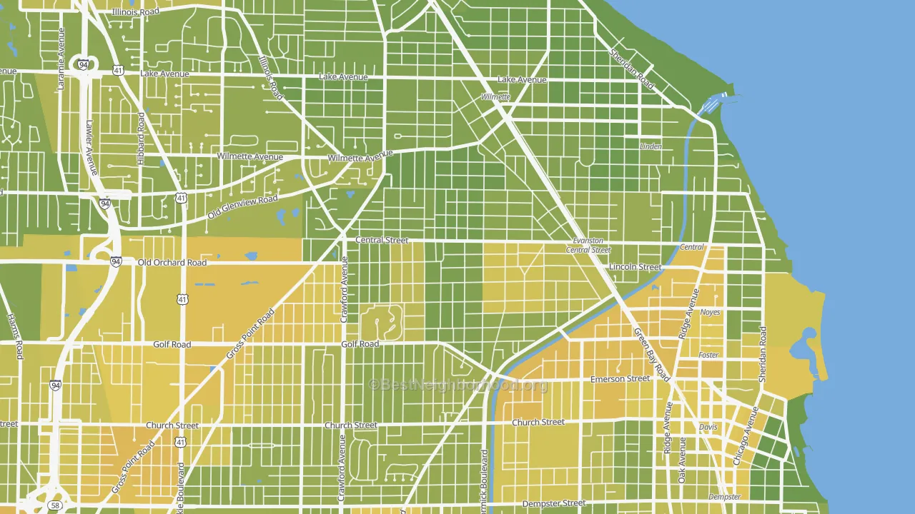 Map of the best neighborhoods in the Central Street Merchant District, Evanston area, with better matches in green and worse matches in red