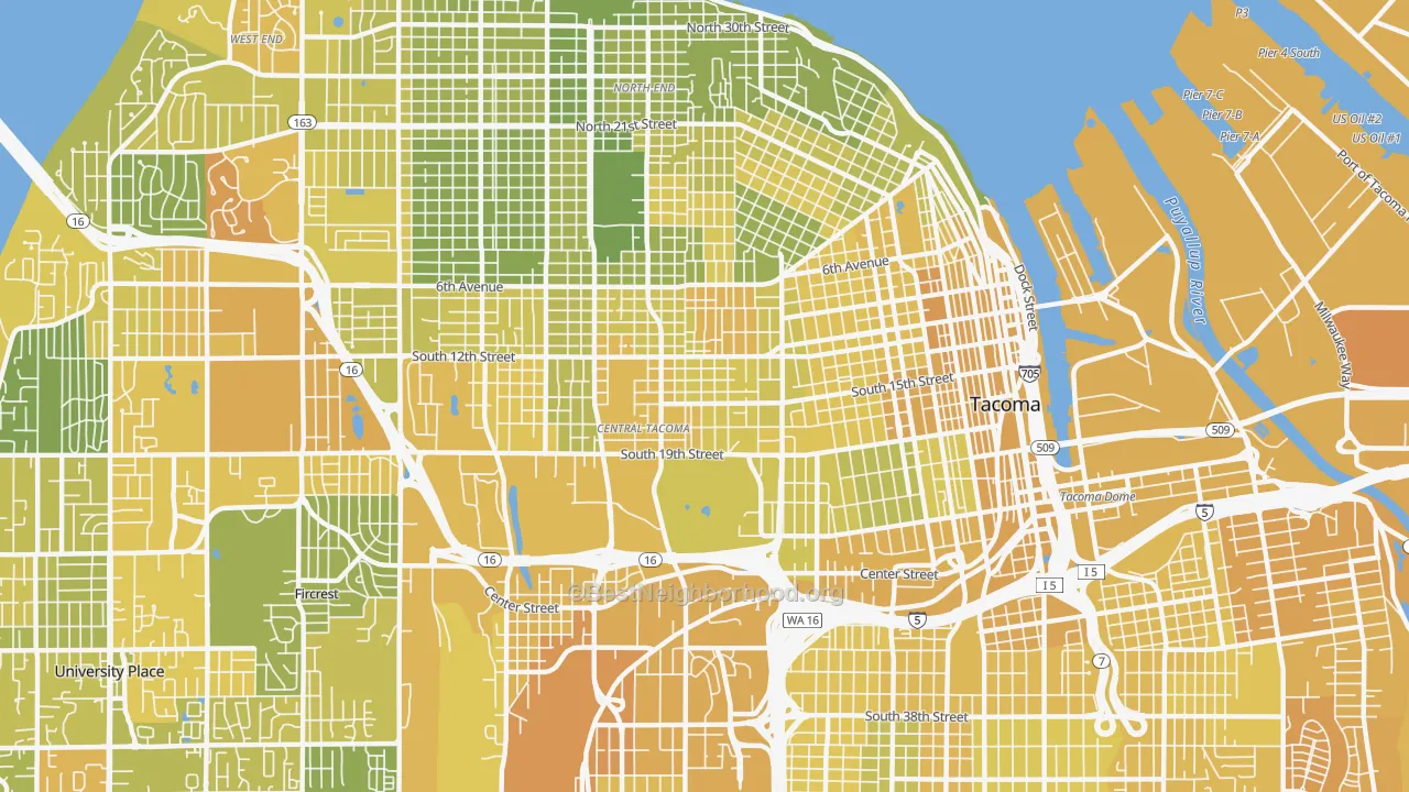 Map of the best neighborhoods in the Central, Tacoma area, with better matches in green and worse matches in red