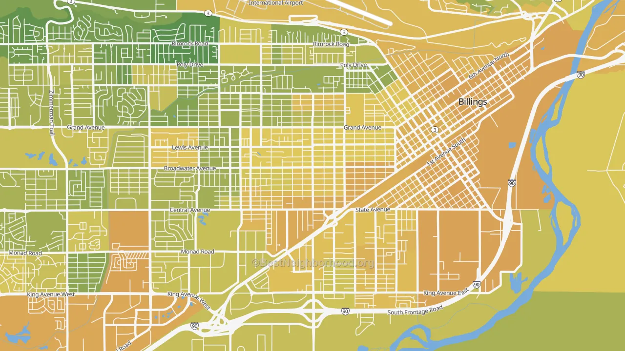 Map of the best neighborhoods in the Central Terry, Billings area, with better matches in green and worse matches in red
