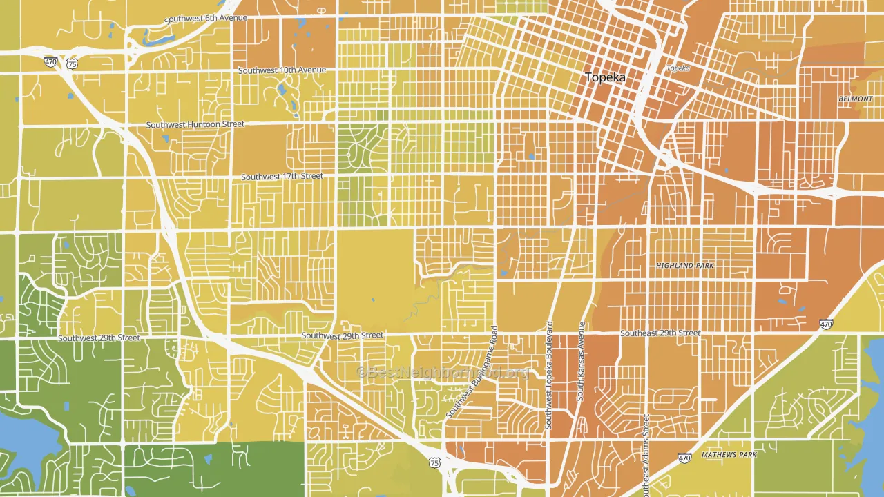 Map of the best neighborhoods in the Central Topeka 2, Topeka area, with better matches in green and worse matches in red