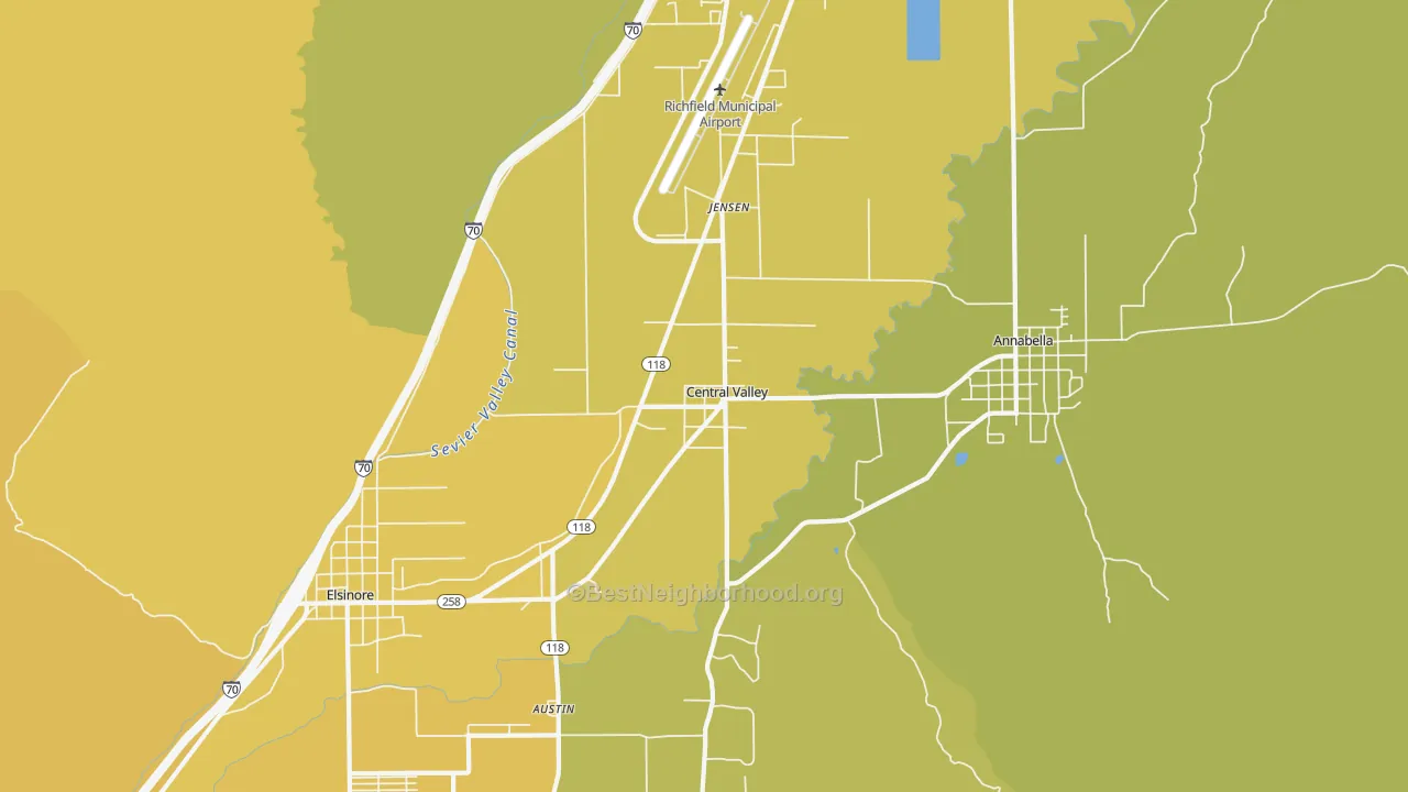 Map of the best neighborhoods in the Central Valley area, with better matches in green and worse matches in red