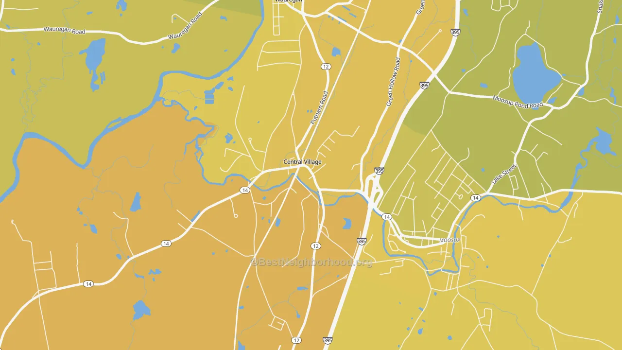 Map of the best neighborhoods in the Central Village area, with better matches in green and worse matches in red