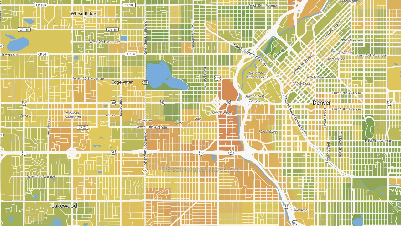 Map of the best neighborhoods in the Central West Denver, Denver area, with better matches in green and worse matches in red