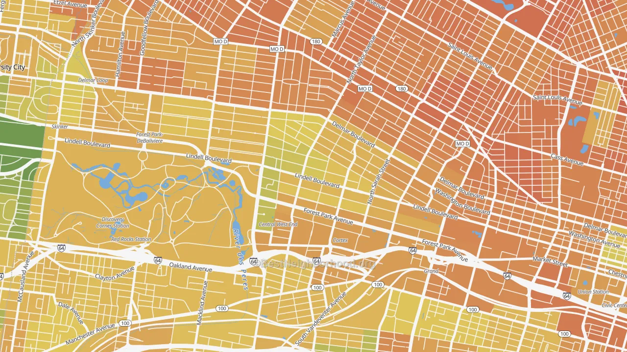 Map of the best neighborhoods in the Central West End, St. Louis area, with better matches in green and worse matches in red