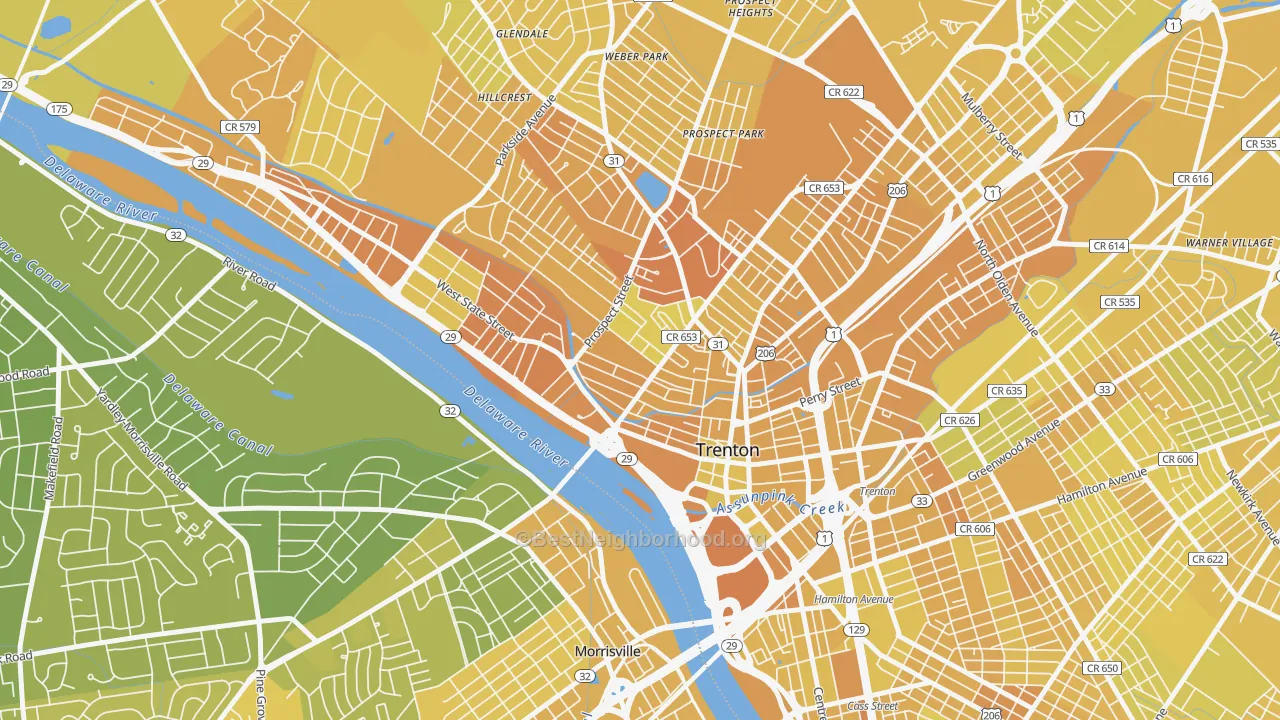 Map of the best neighborhoods in the Central West, Trenton area, with better matches in green and worse matches in red