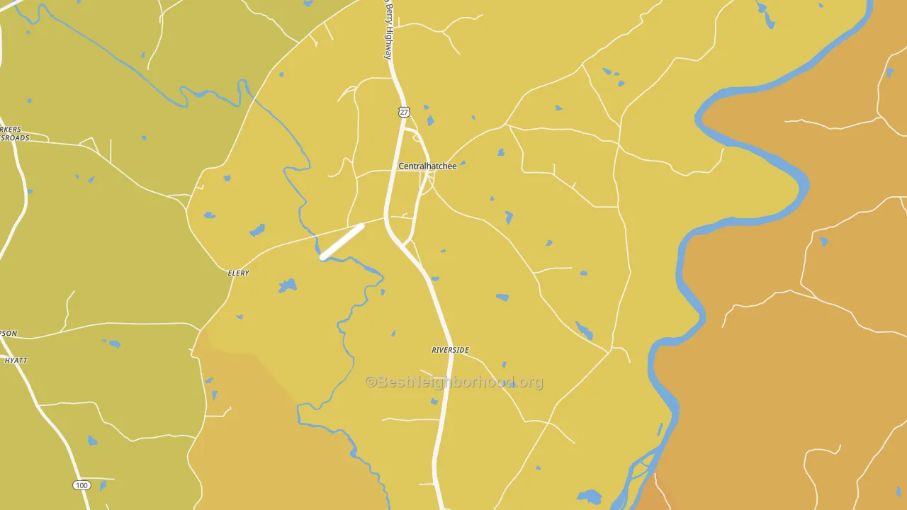 Map of the best neighborhoods in the Centralhatchee area, with better matches in green and worse matches in red
