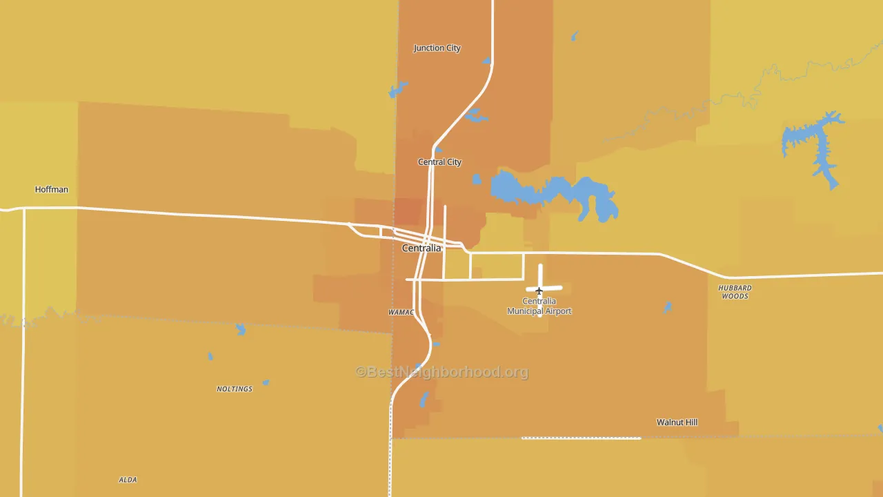 Map of the best neighborhoods in the Centralia area, with better matches in green and worse matches in red