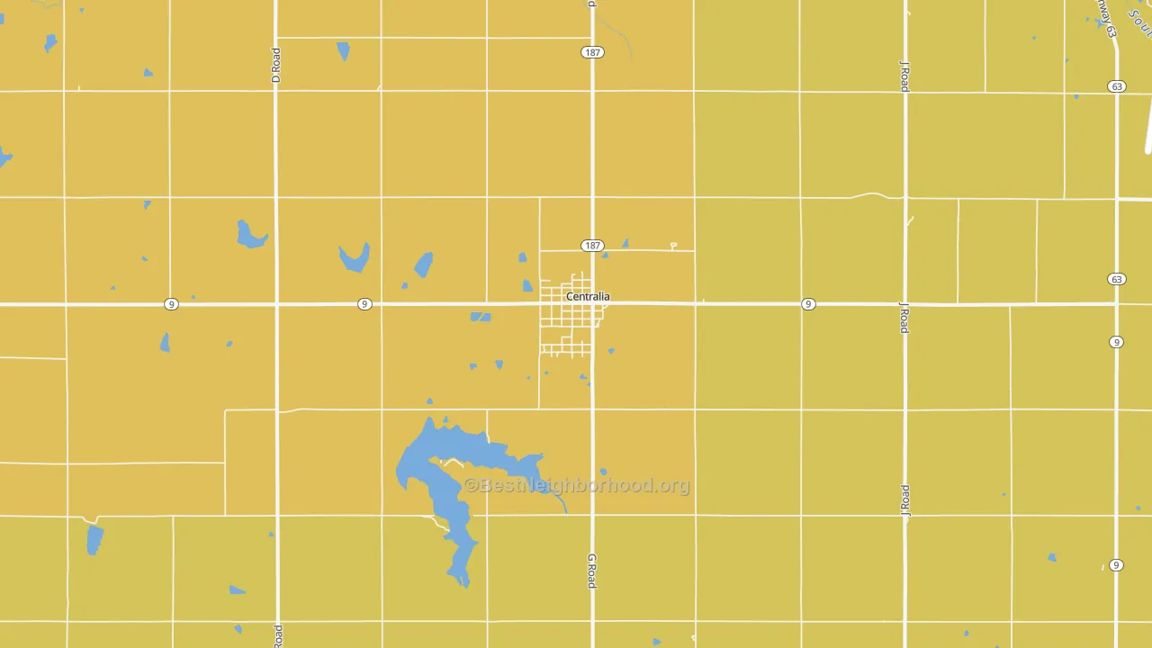 Map of the best neighborhoods in the Centralia area, with better matches in green and worse matches in red