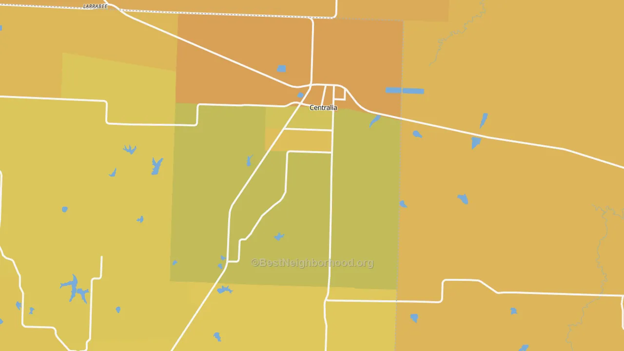 Map of the best neighborhoods in the Centralia area, with better matches in green and worse matches in red