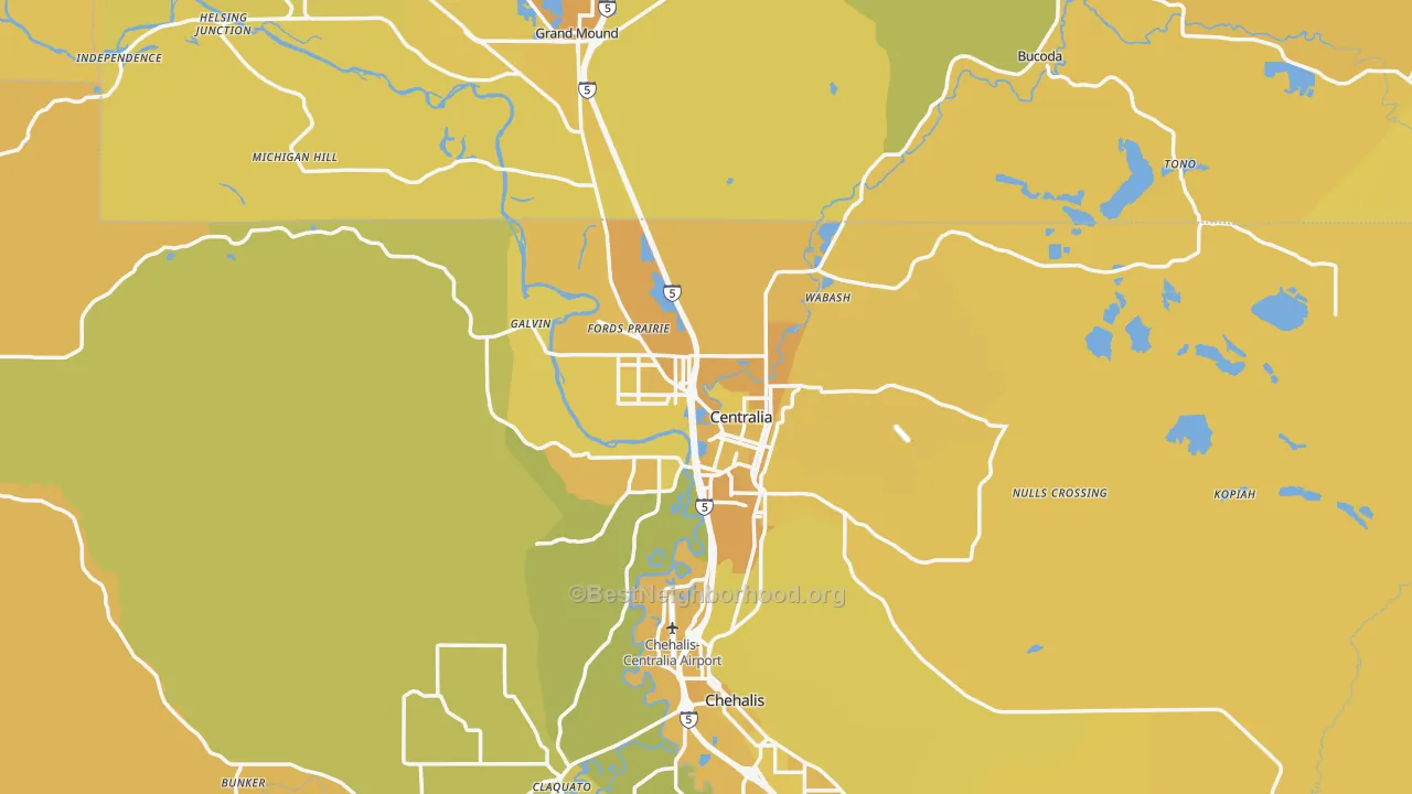 Map of the best neighborhoods in the Centralia area, with better matches in green and worse matches in red