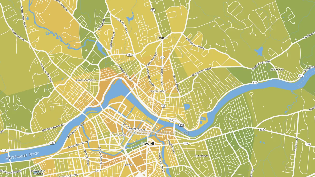 Map of the best neighborhoods in the Centralville, Lowell area, with better matches in green and worse matches in red