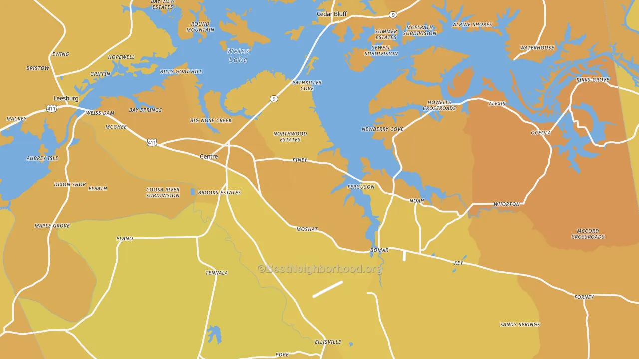 Map of the best neighborhoods in the Centre area, with better matches in green and worse matches in red