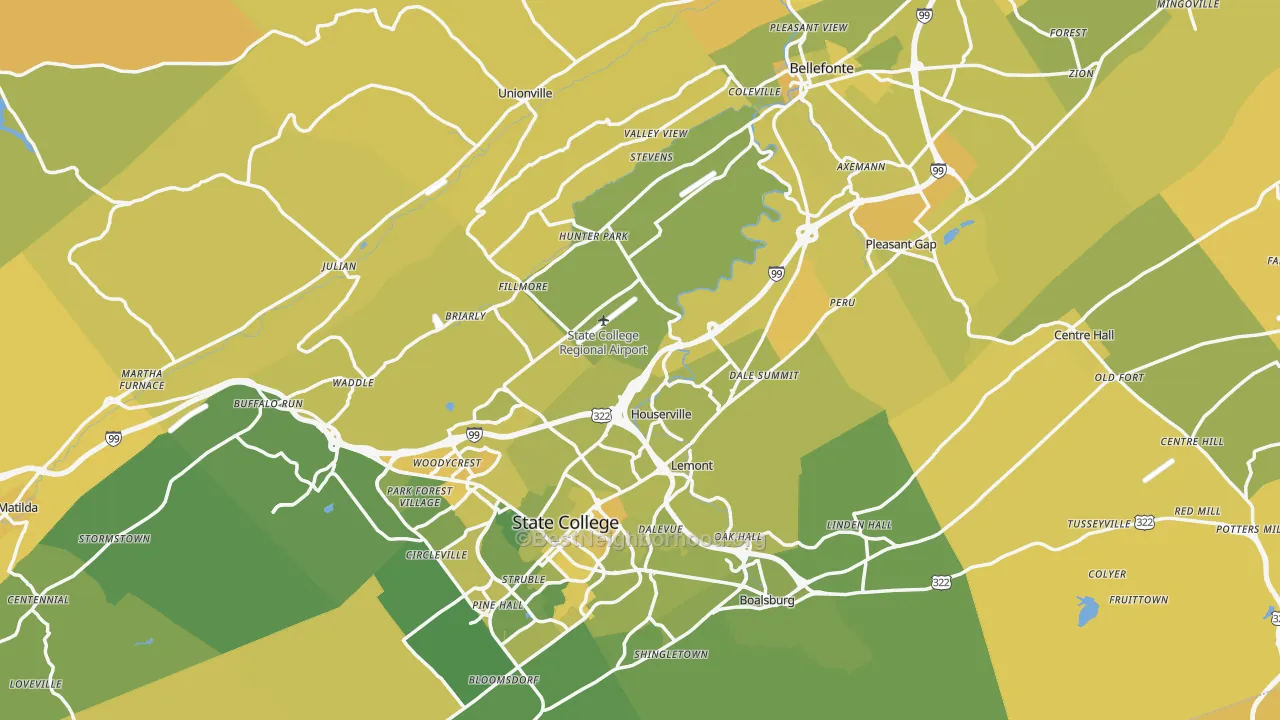 Map of the best neighborhoods in the Centre County area, with better matches in green and worse matches in red