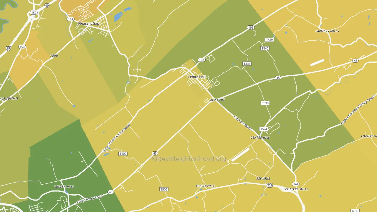 Map of the best neighborhoods in the Centre Hall area, with better matches in green and worse matches in red
