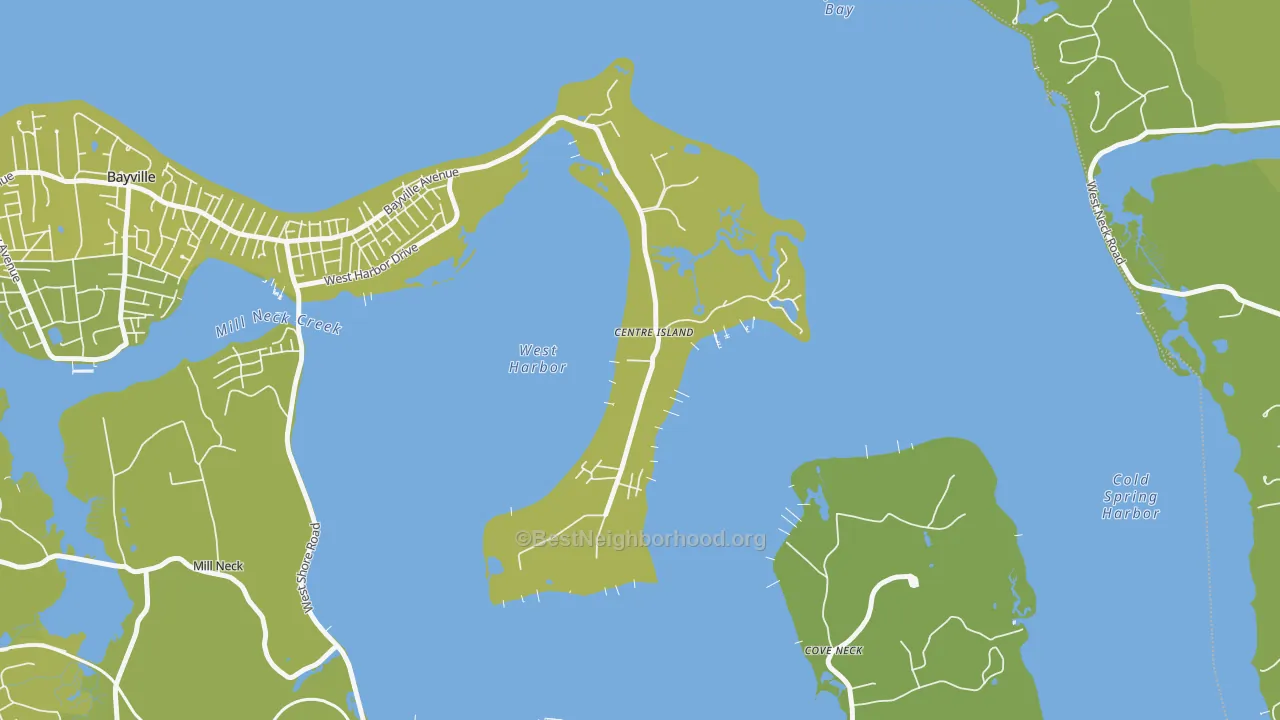 Map of the best neighborhoods in the Centre Island area, with better matches in green and worse matches in red